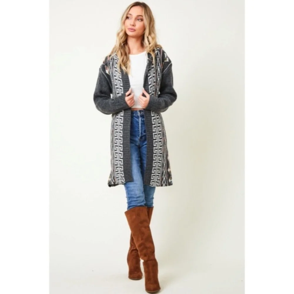 SOLD OUT Gray Native Cowichan Aztec Hooded Cardigan Sweater - Picture 9 of 10